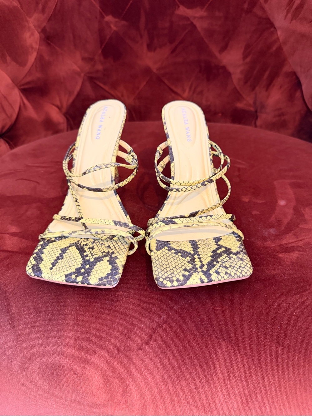 Strappy Snake-Print Heeled Sandals in Yellow